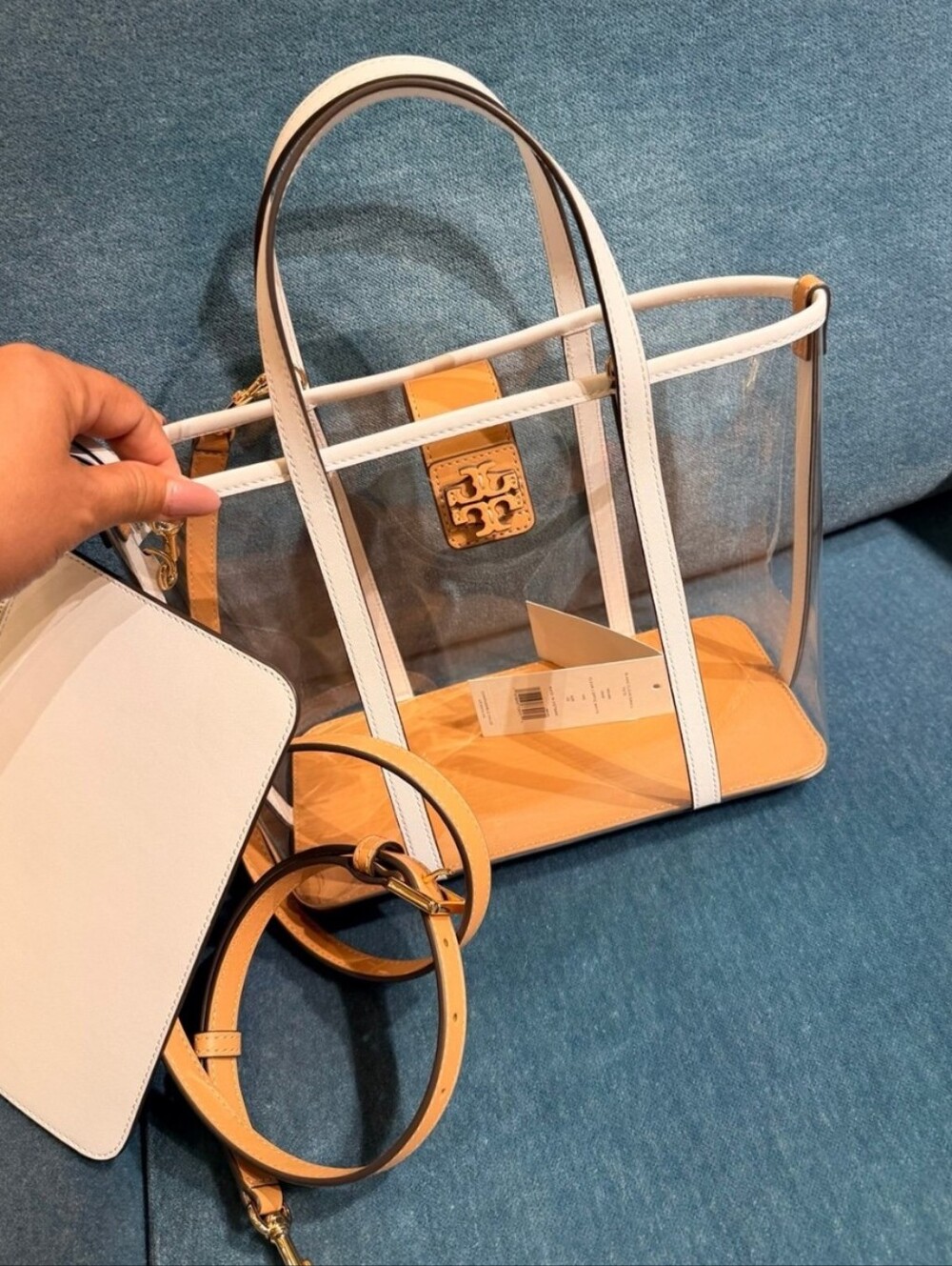 Tory Burch Clear Tote with White Trim and Tan Base Accents/ Bnwt/ & POUCH!